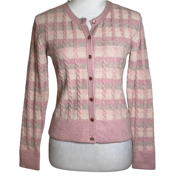 VTG Plaid Cable Knit Cardigan Sweater L Lambs Wool Angora Soft Girl Y2K Preppy - Picture 1 of 9